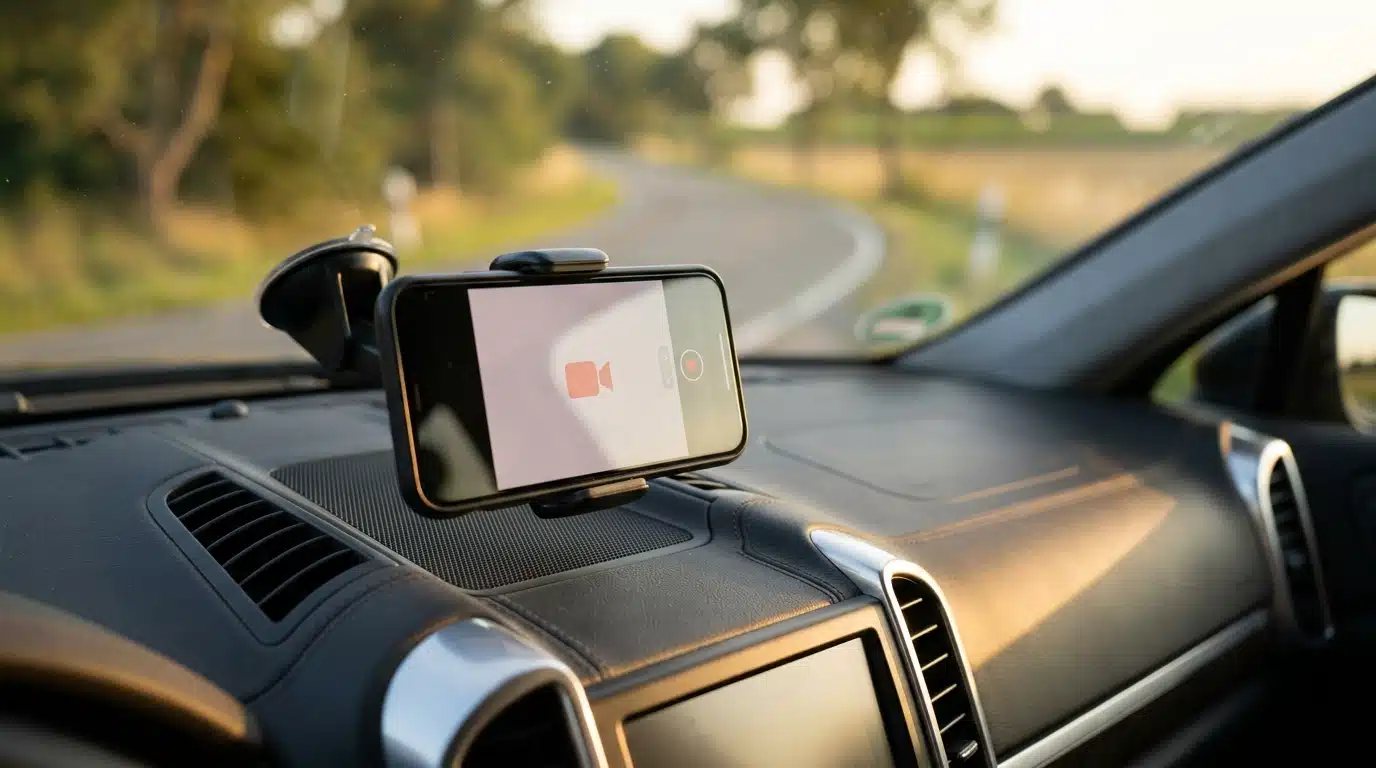 Smartphone fixé au tableau de bord filmant une route rurale