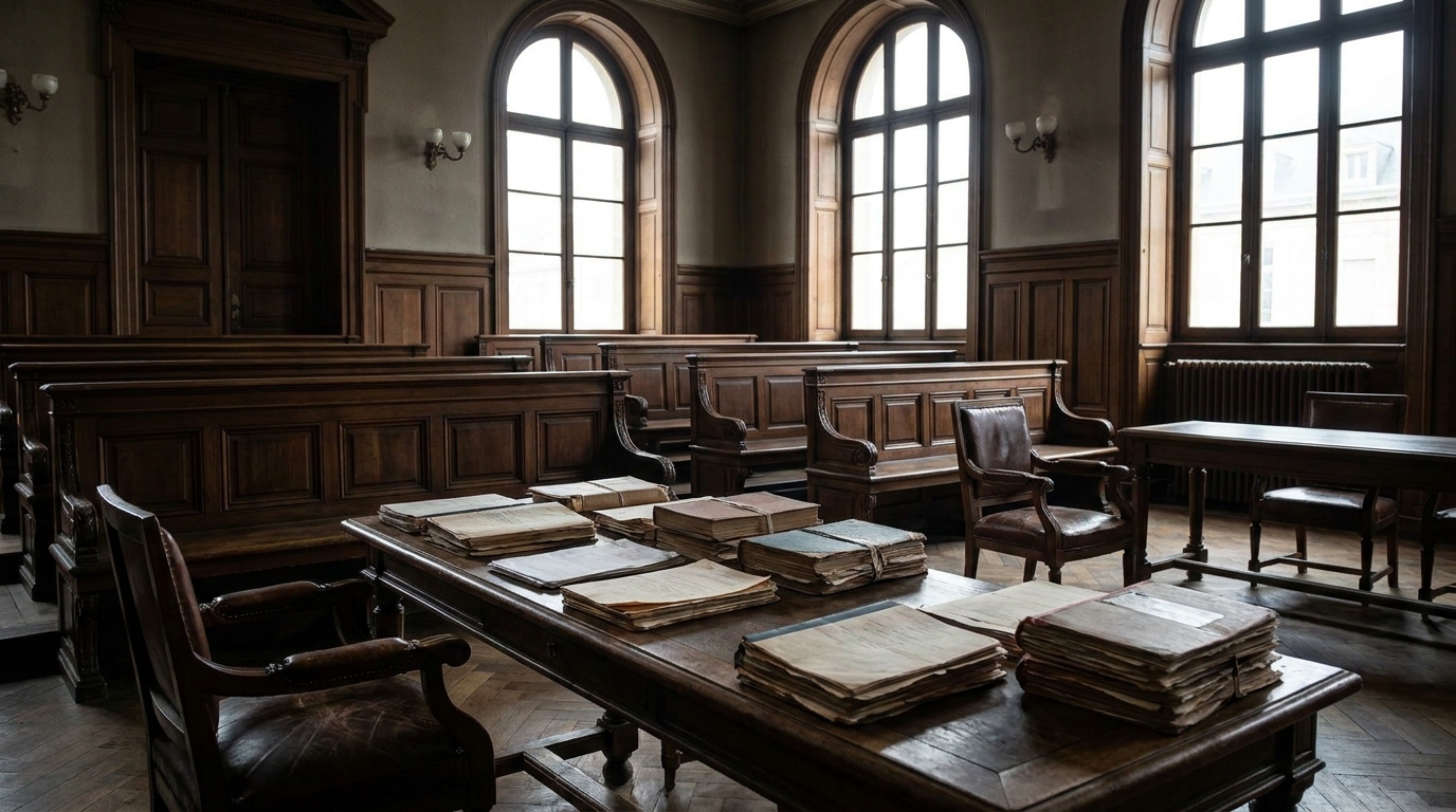 Intérieur d'un tribunal français avec documents juridiques