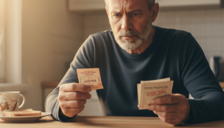 Homme inquiet tenant un ticket de Loto et des factures