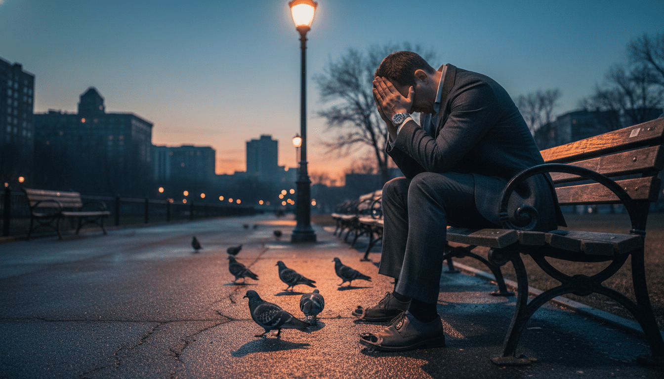 Homme endetté assis seul sur un banc au crépuscule