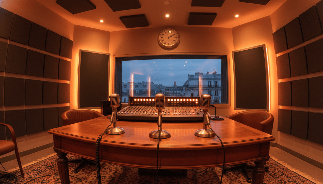 Studio radio à la française avec micros vintage, ambiance chaleureuse des Grosses Têtes sur RTL