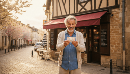 Retraité heureux devant un bureau de tabac avec un ticket de Loto
