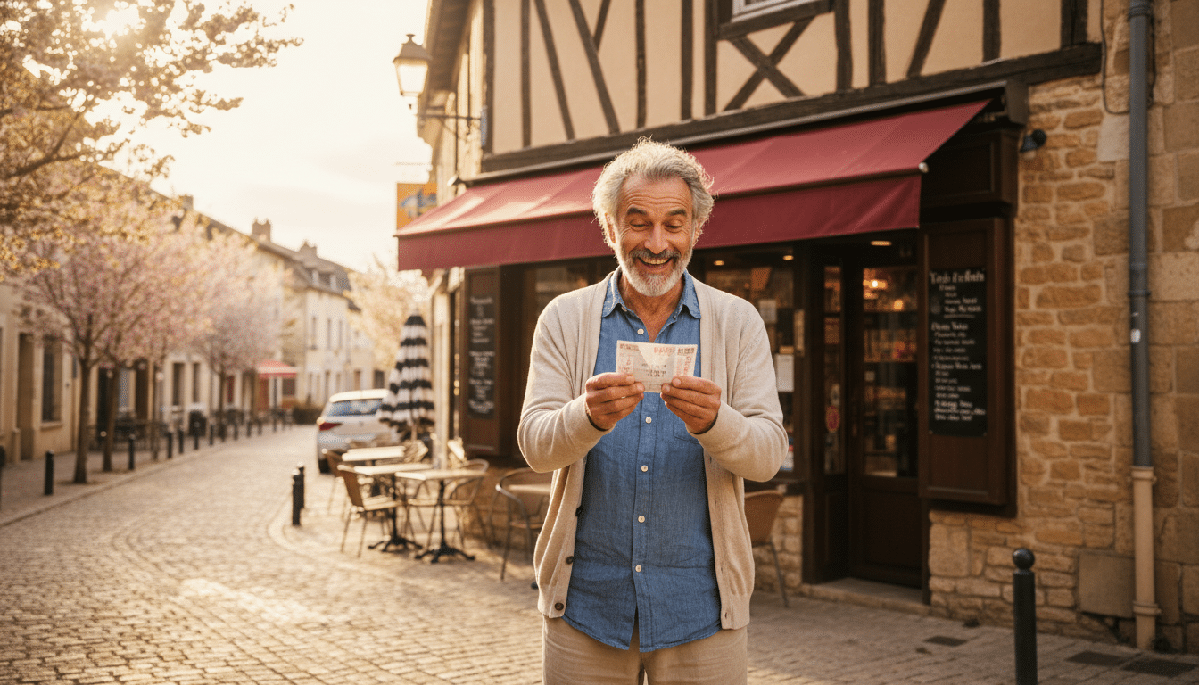 Retraité heureux devant un bureau de tabac avec un ticket de Loto