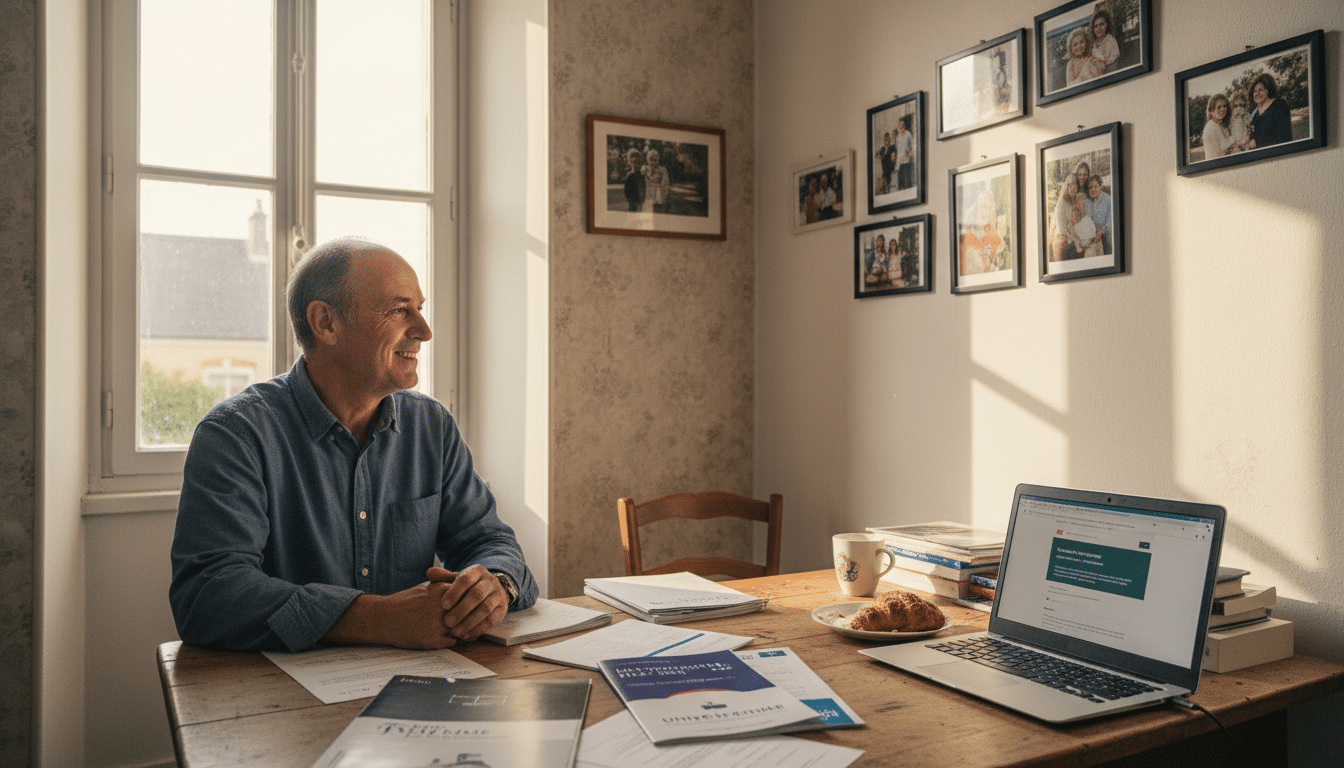 Père de famille souriant entouré de brochures universitaires