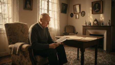 Homme âgé seul examinant des documents testamentaires