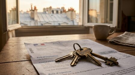 Clés d'appartement posées sur un avis d'imposition français