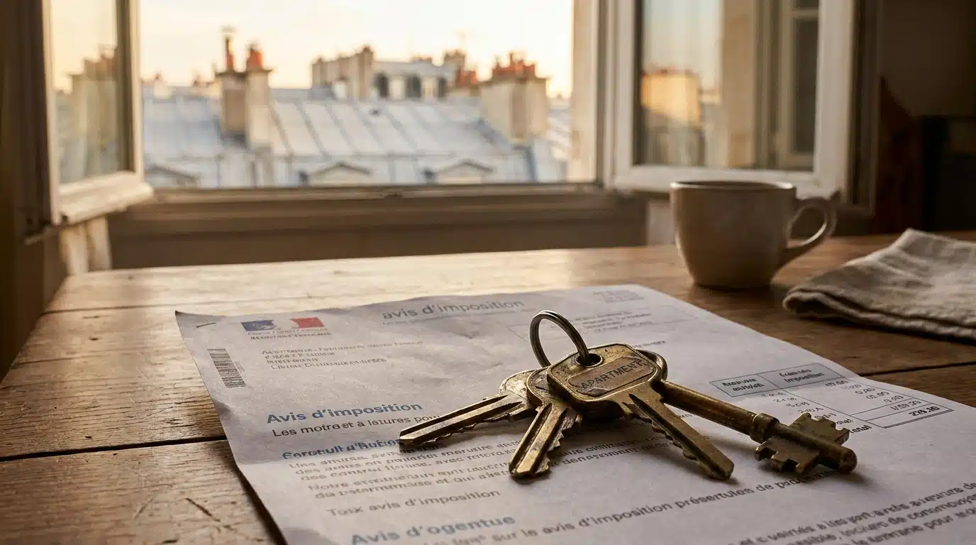 Clés d'appartement posées sur un avis d'imposition français