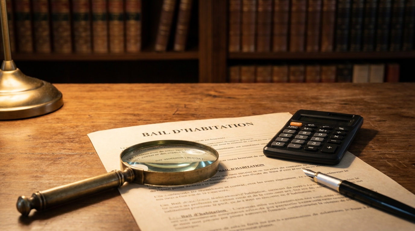 Loupe posée sur un contrat de bail sur un bureau de notaire