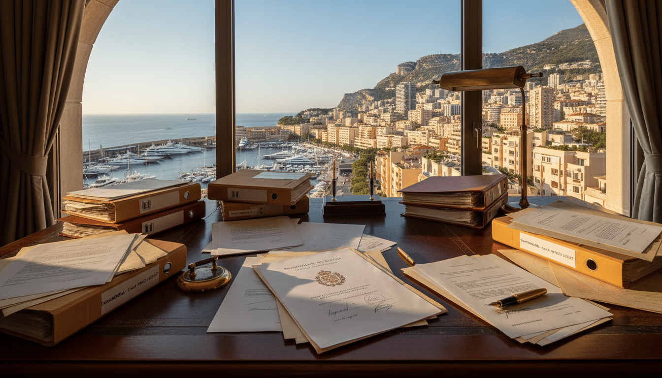 Documents juridiques sur un bureau d'avocat à Monaco
