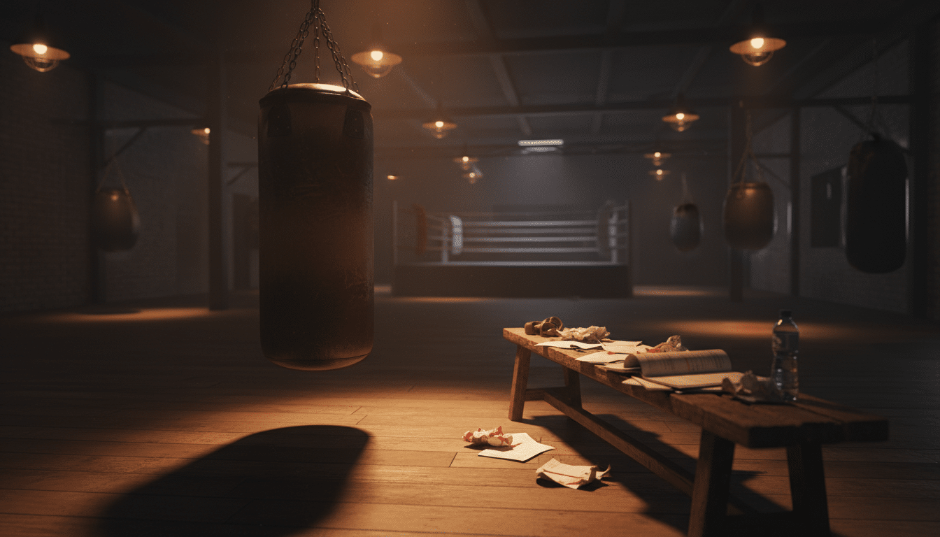 Salle de boxe vide avec documents médicaux sur un banc