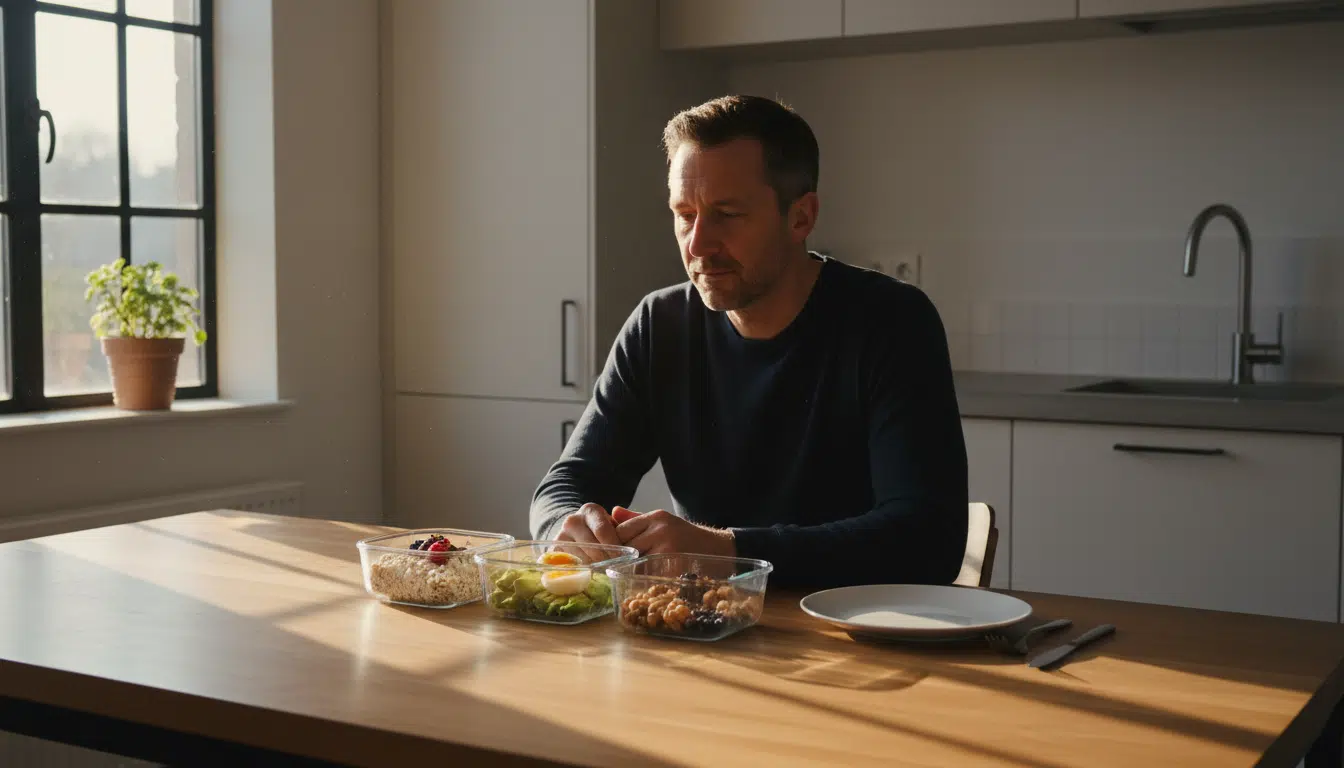 Homme mangeant son repas identique dans sa cuisine