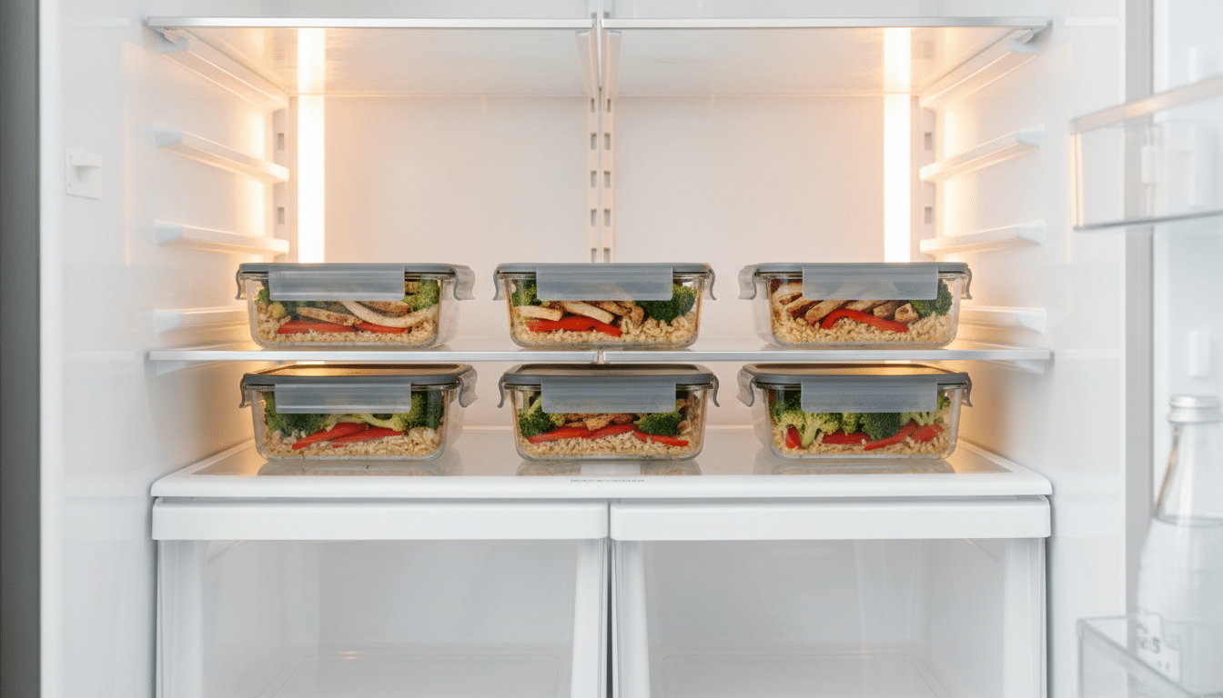 Réfrigérateur organisé avec repas préparés identiques