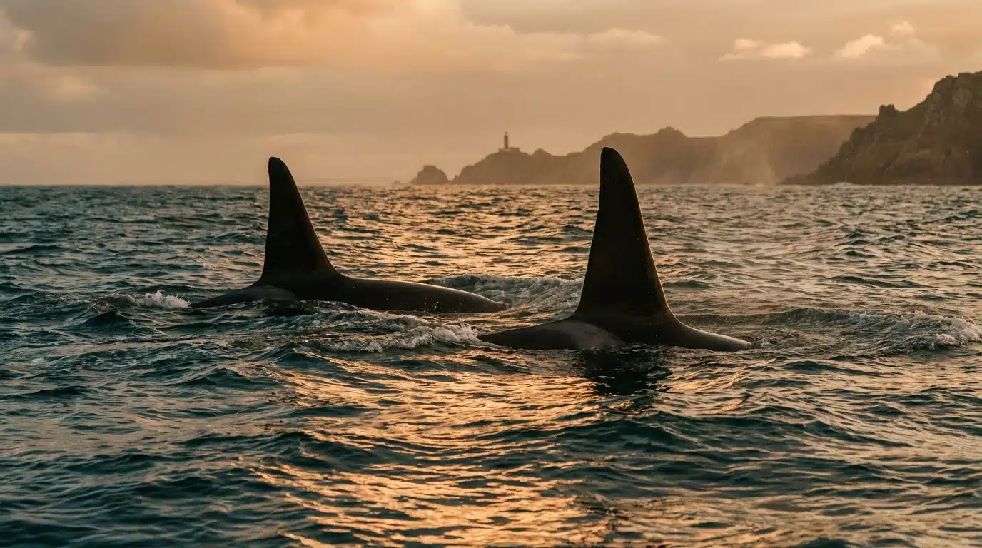 Ailerons d'orques émergeant dans l'Atlantique au large des côtes basques