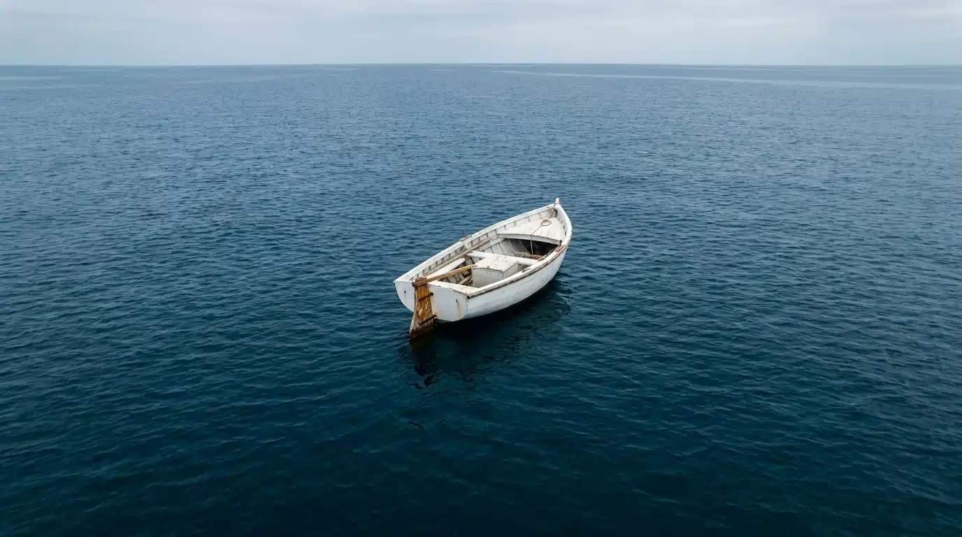 Voilier blanc isolé sur l'océan Atlantique vu du dessus