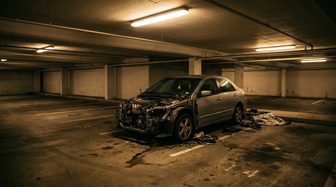 Voiture démontée dans un parking couvert sombre