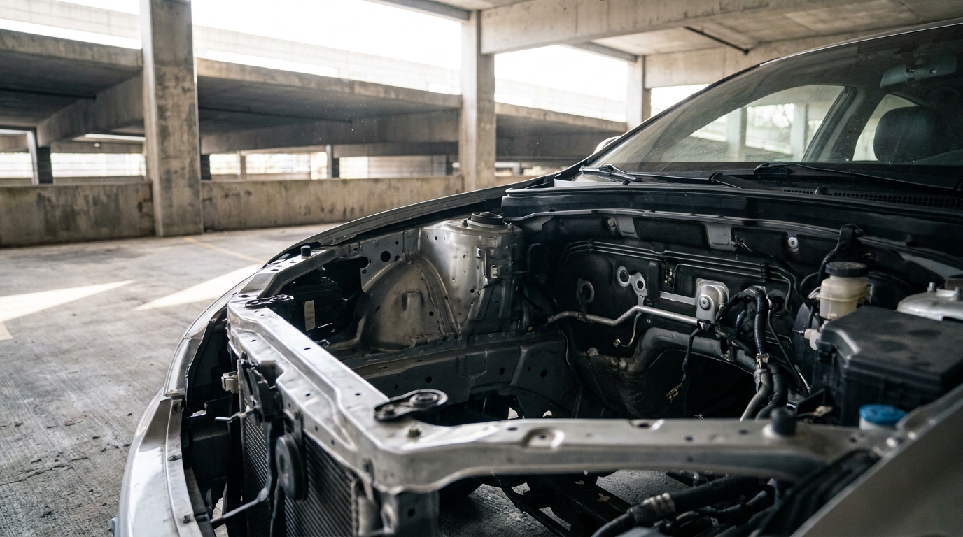 Compartiment moteur vide d'une voiture dépouillée