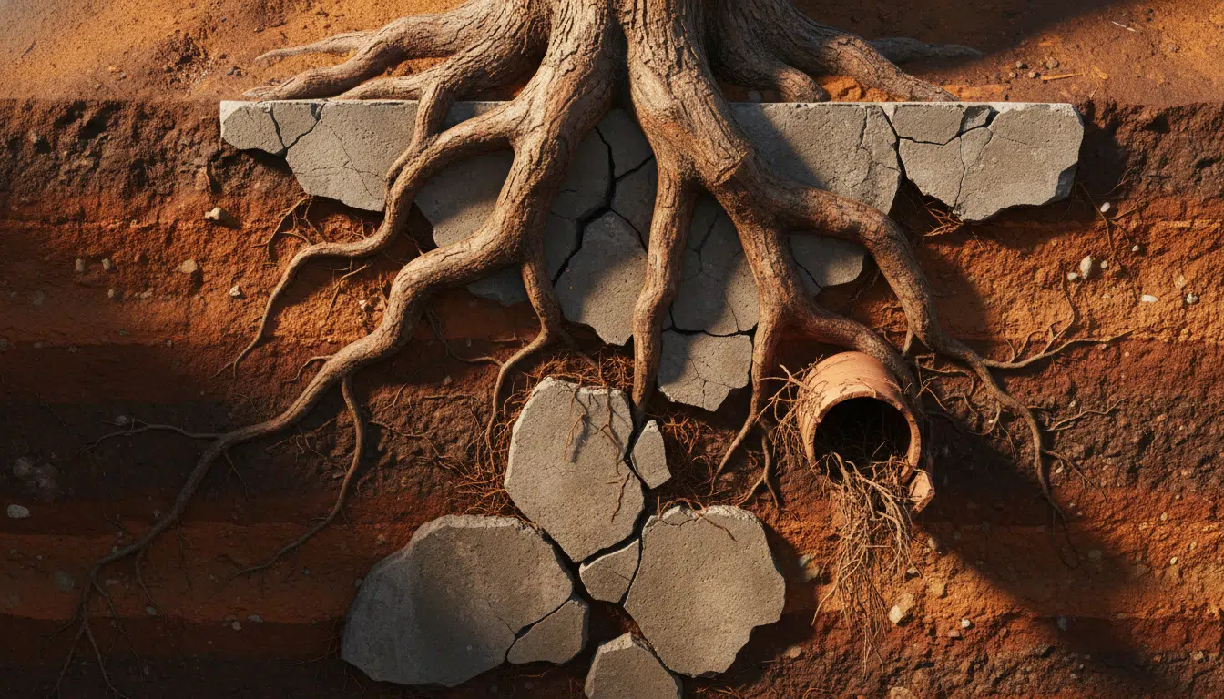 Racines d'arbre infiltrant une fondation et une canalisation fissurée