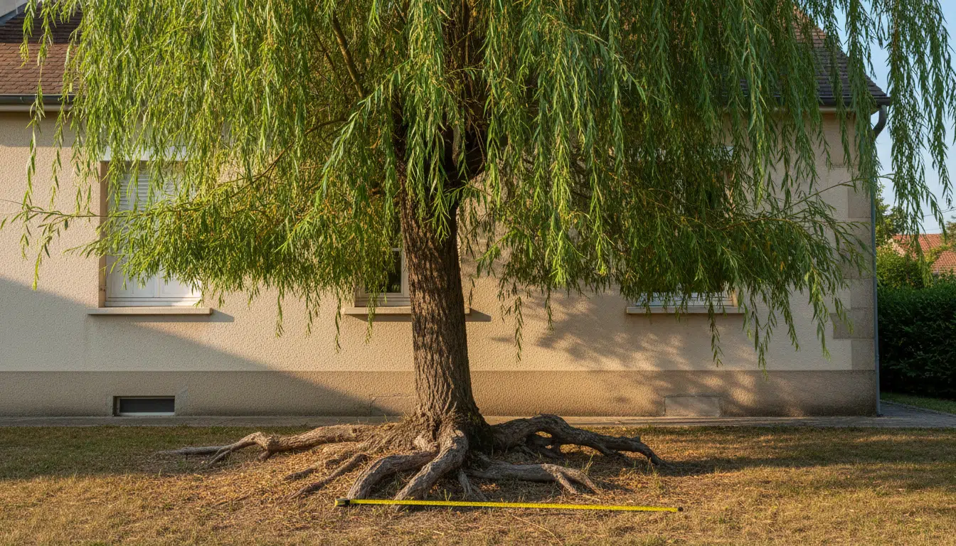 Saule pleureur planté trop près d'une maison avec racines apparentes