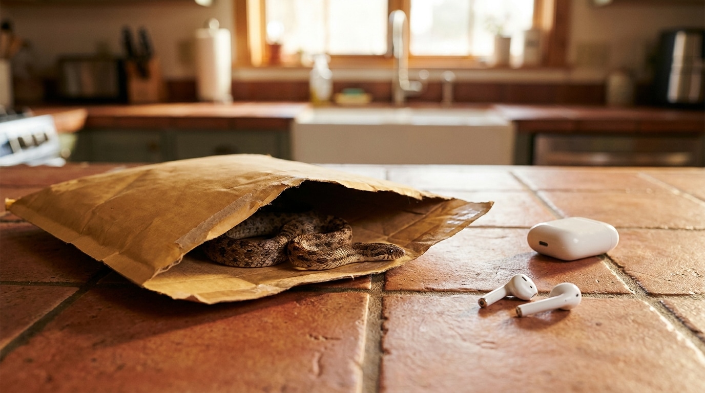 Couleuvre enroulée dans une enveloppe cartonnée ouverte sur du carrelage