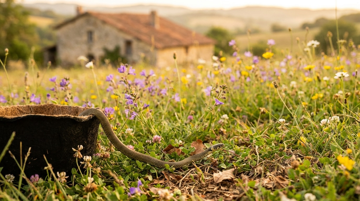 Petite couleuvre relâchée dans un champ verdoyant de campagne