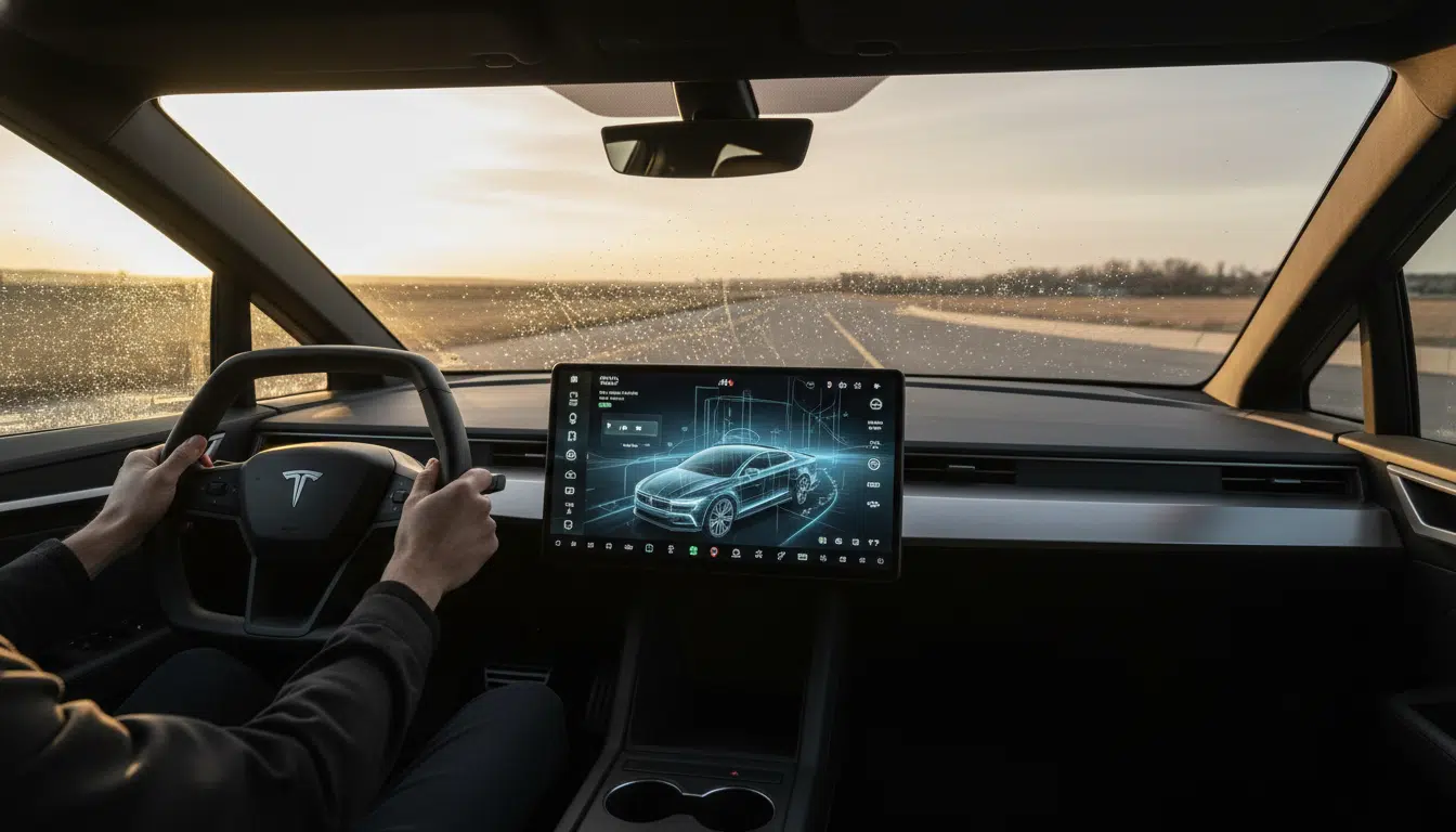 Intérieur d'un Cybertruck avec eau sur le pare-brise