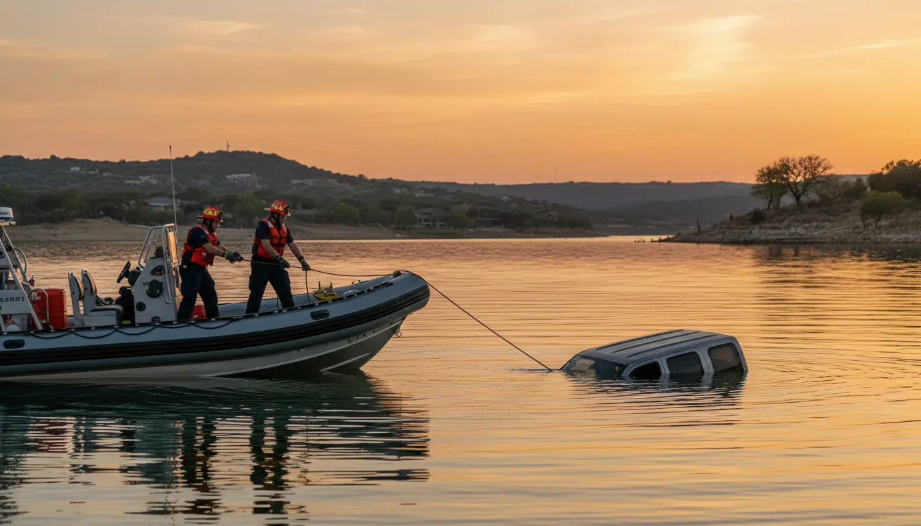 Pompiers remorquant un véhicule hors d'un lac texan