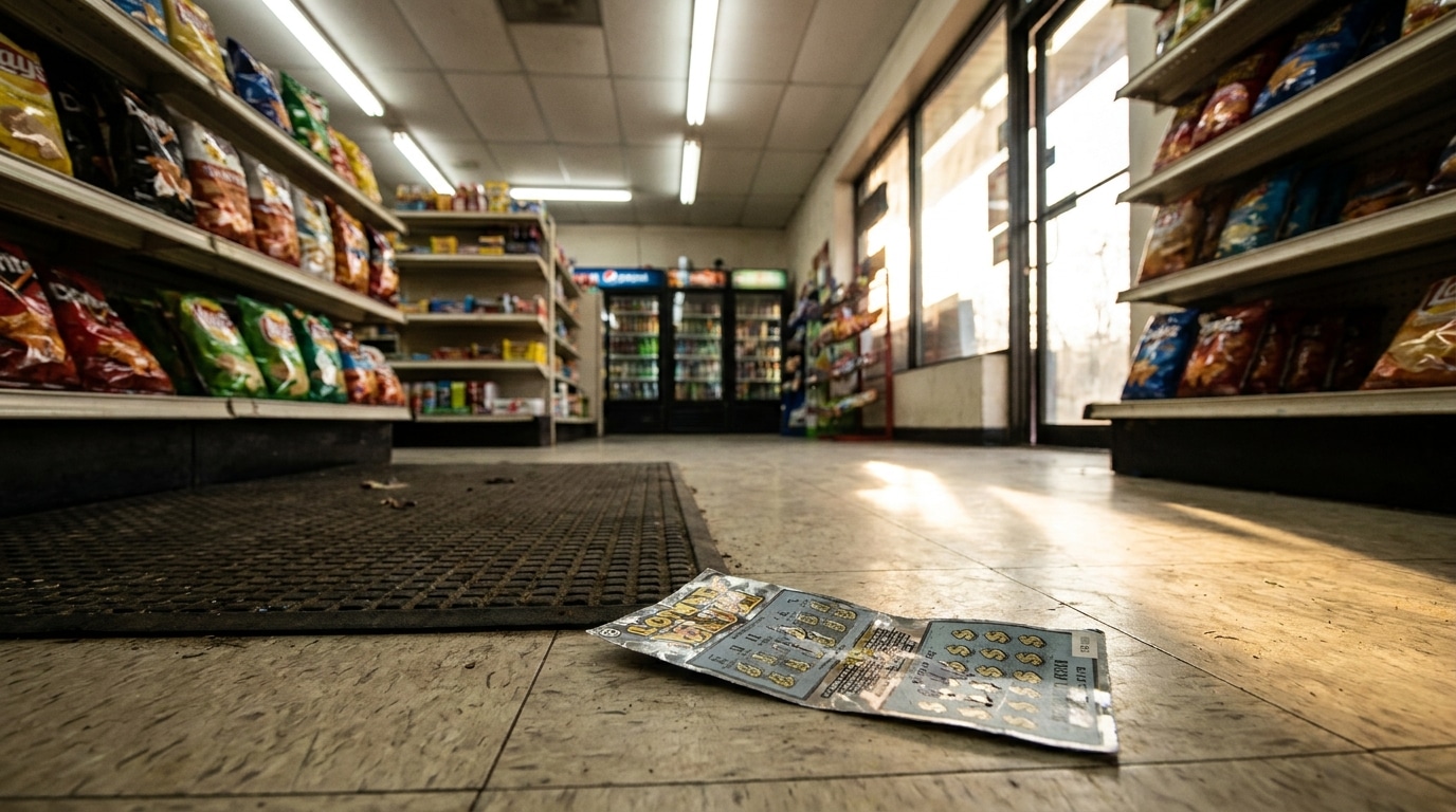 Ticket de loterie posé sur le sol d'une station-service