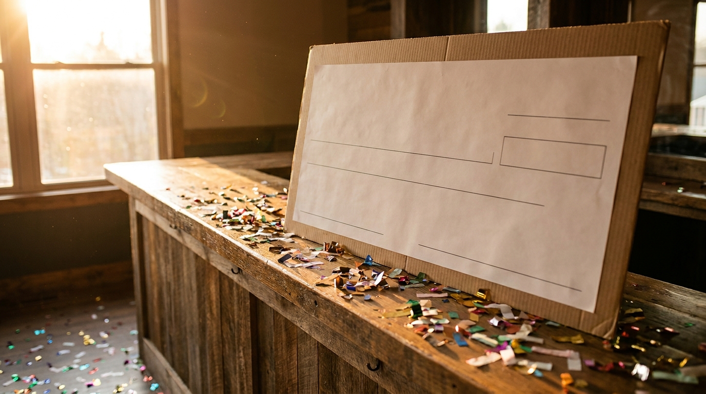 Chèque géant de loterie sur un comptoir avec confettis