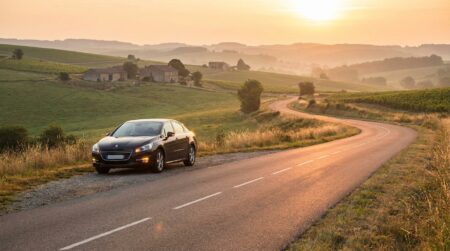 Voiture arrêtée sur le bas-côté d'une route nationale française