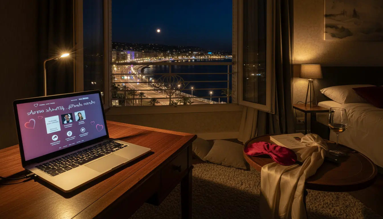 Appartement sur la Promenade des Anglais avec ordinateur ouvert sur site de rencontres