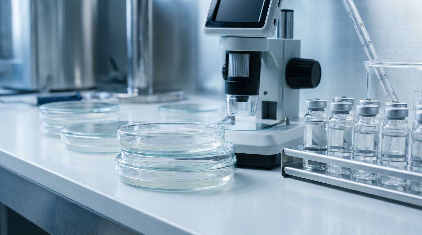 Verrerie de laboratoire et boîtes de Petri en recherche dermatologique
