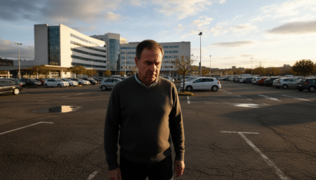 Homme inquiet sur le parking d'un hôpital à Vigo