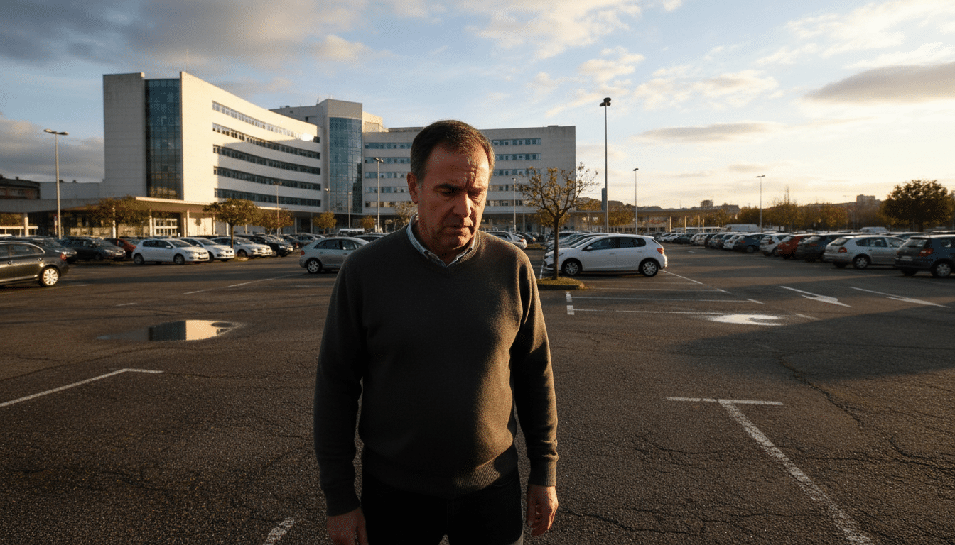 Homme inquiet sur le parking d'un hôpital à Vigo