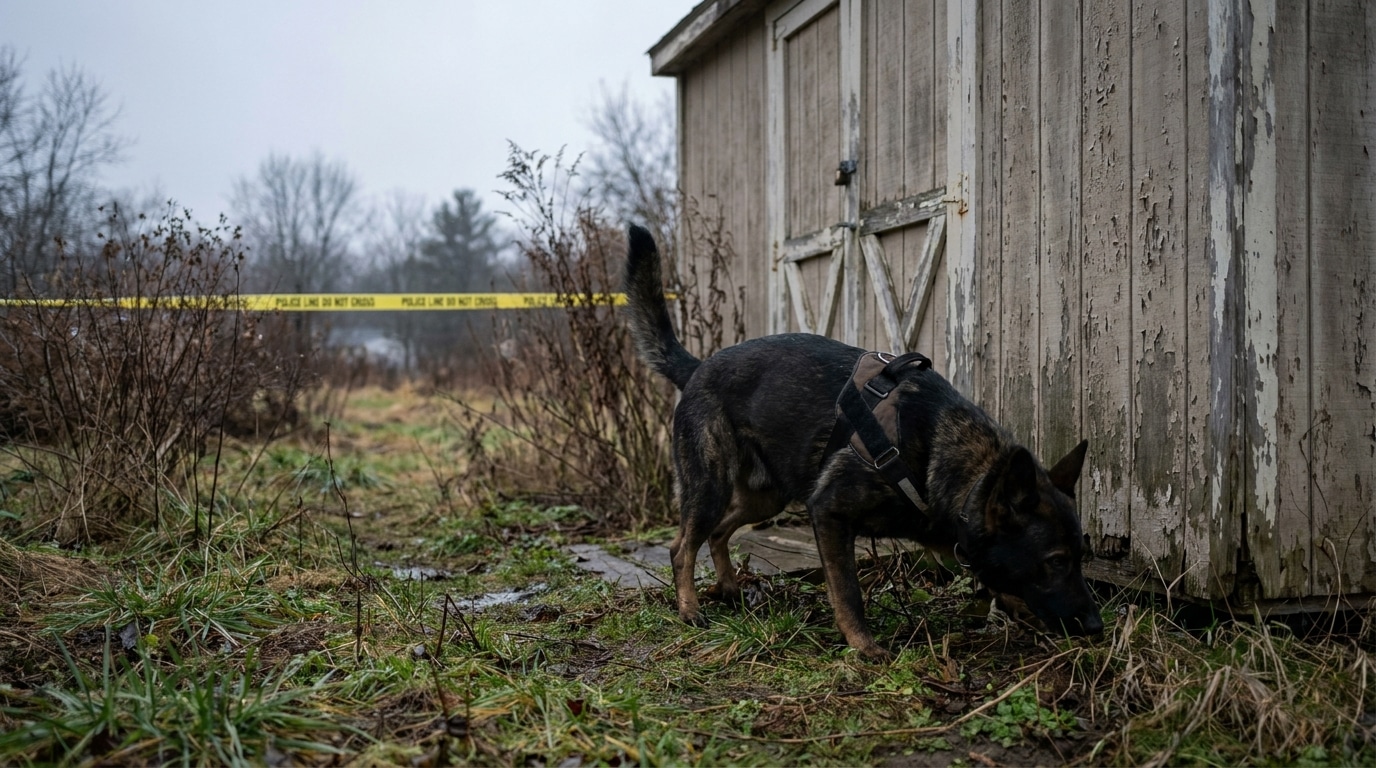Chien cadavérique inspectant un abri de jardin en bois