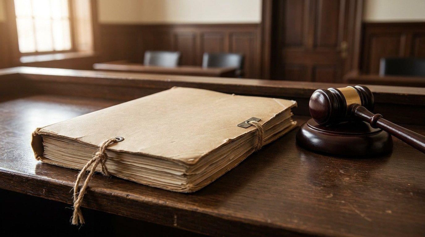 Dossier judiciaire et marteau de juge sur un bureau en bois