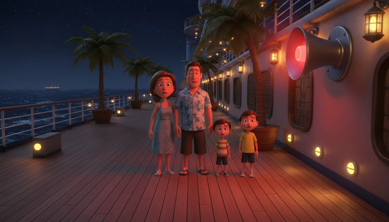 Famille animée sur un bateau de croisière en alerte