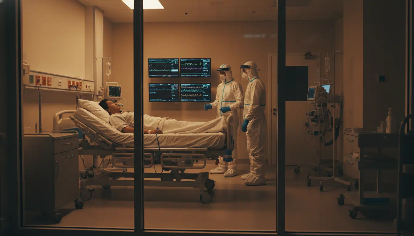 Chambre d'isolement hospitalier avec personnel médical