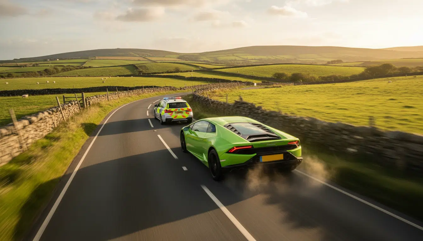 Lamborghini Huracan verte doublant une voiture de police BMW