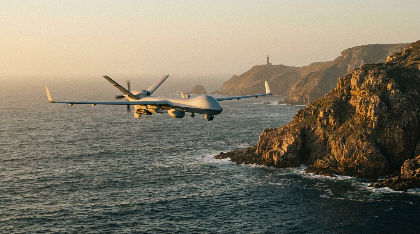 Drone de surveillance survolant l'océan près d'une côte rocheuse australienne