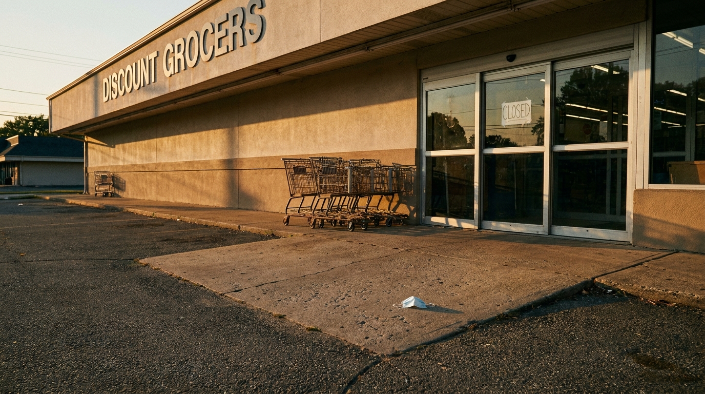 Trottoir vide devant un magasin de quartier au crépuscule