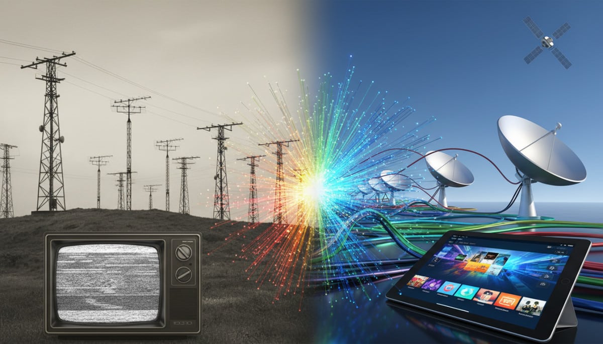 Illustration de l'évolution technologique de la télévision, des antennes aux fibres optiques.