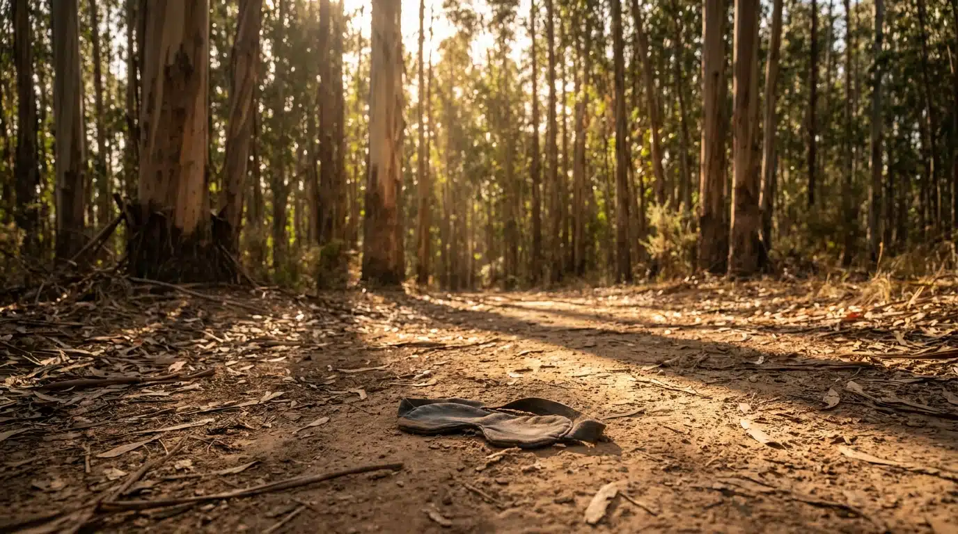 Chemin forestier isolé au Portugal avec un bandeau abandonné au sol