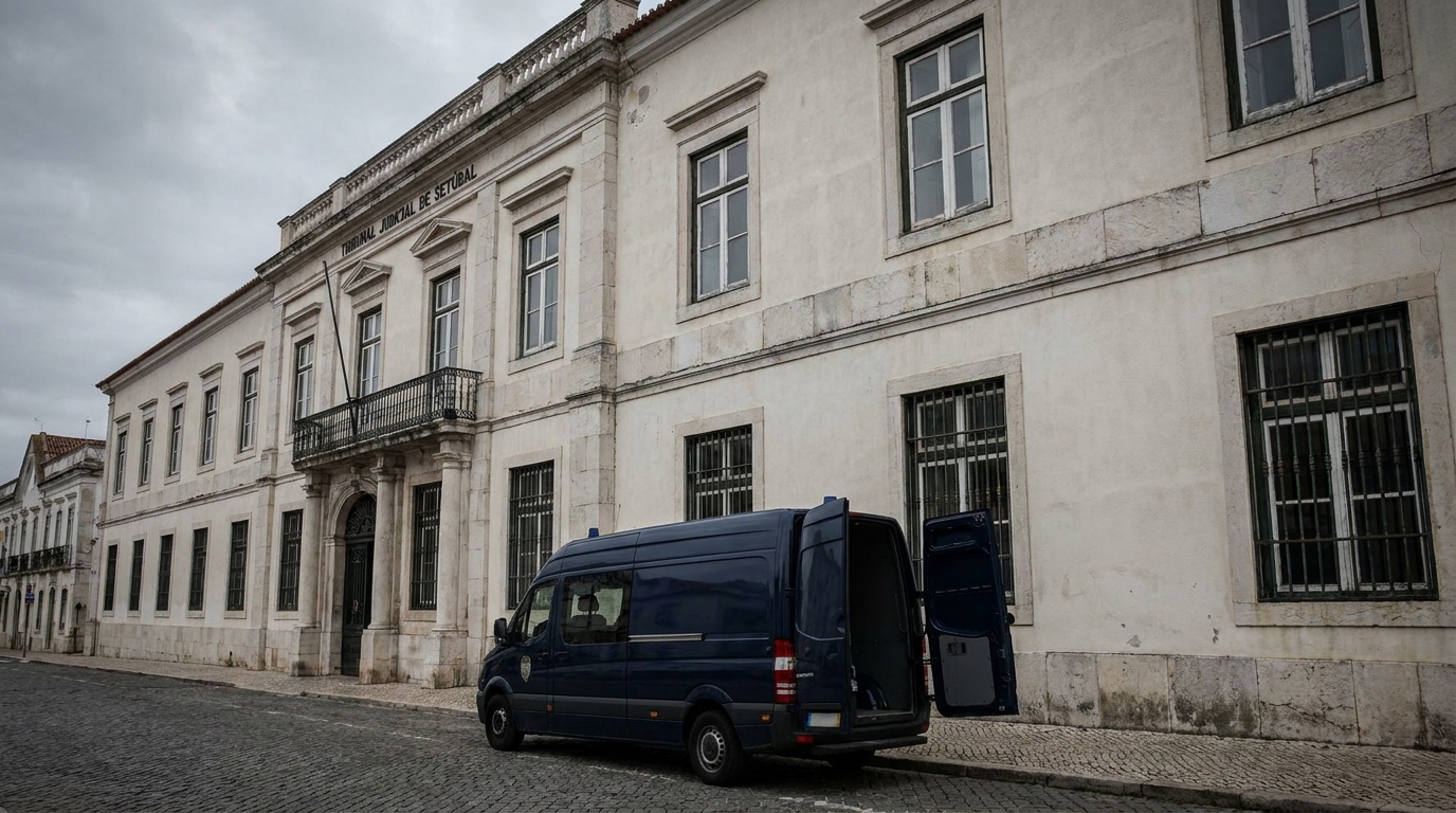 Façade du tribunal de Setúbal avec fourgon de police garé devant