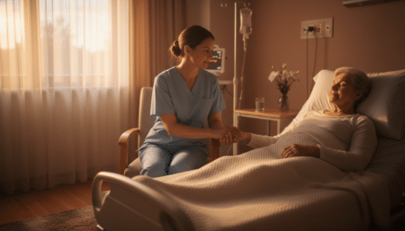 Infirmière en soins palliatifs tenant la main d'un patient
