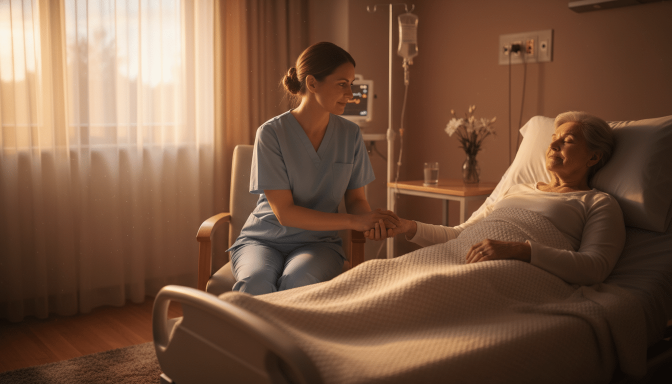 Infirmière en soins palliatifs tenant la main d'un patient