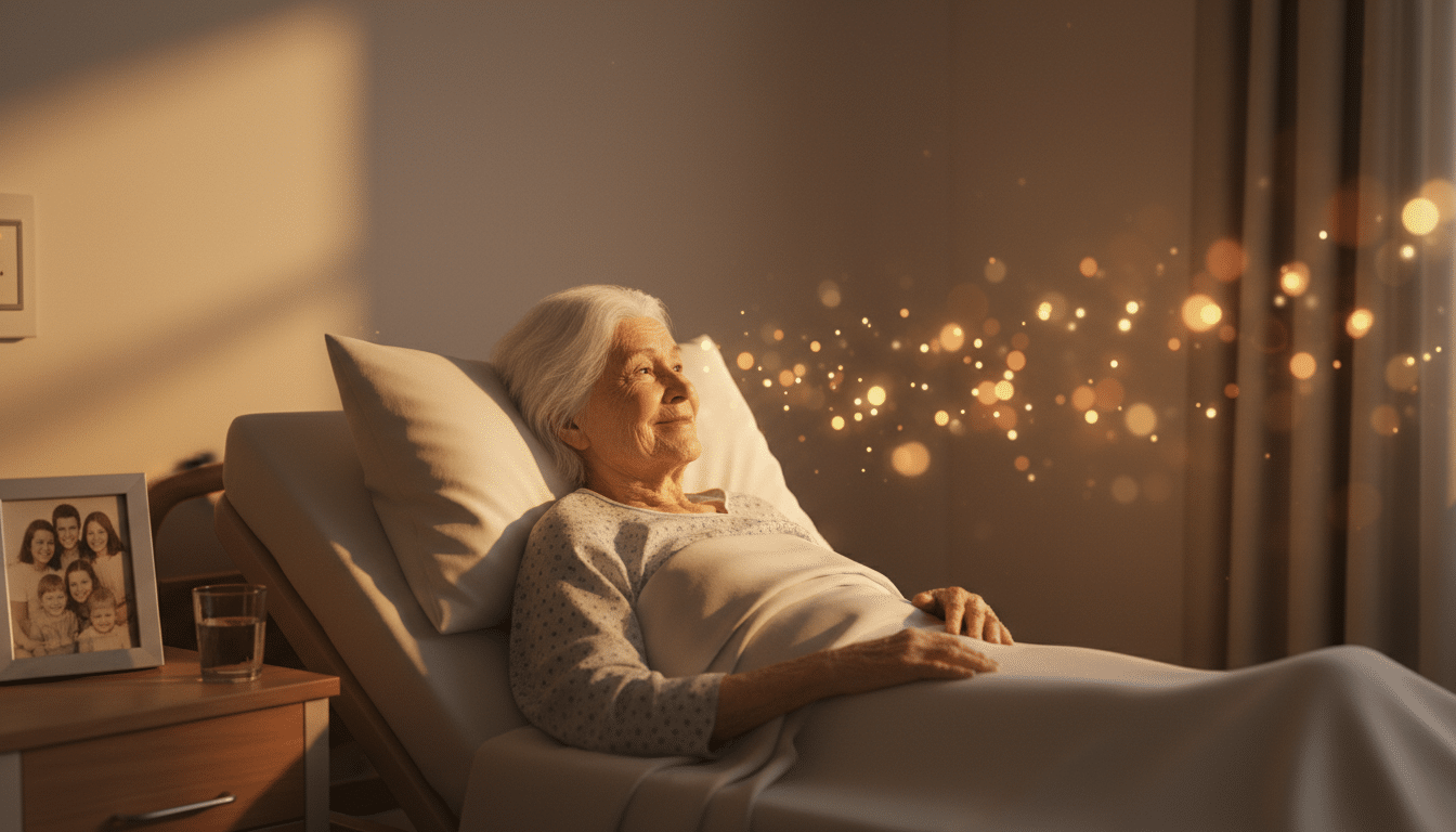Patient en fin de vie regardant paisiblement vers un coin de la chambre