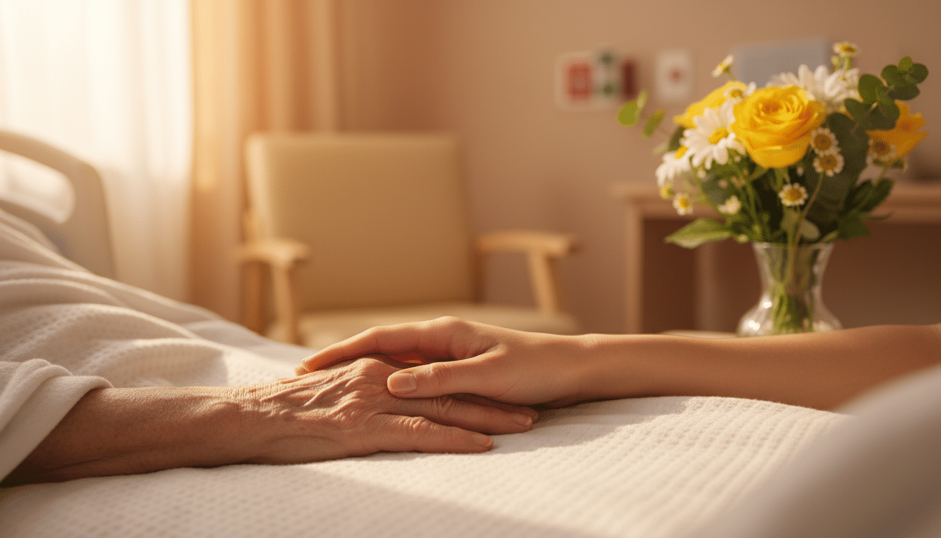 Main d'un proche posée sur celle d'un patient en soins palliatifs