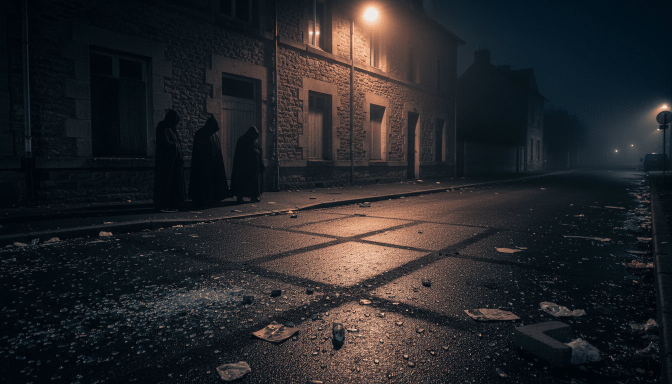 Rue de banlieue la nuit avec silhouettes cagoulées