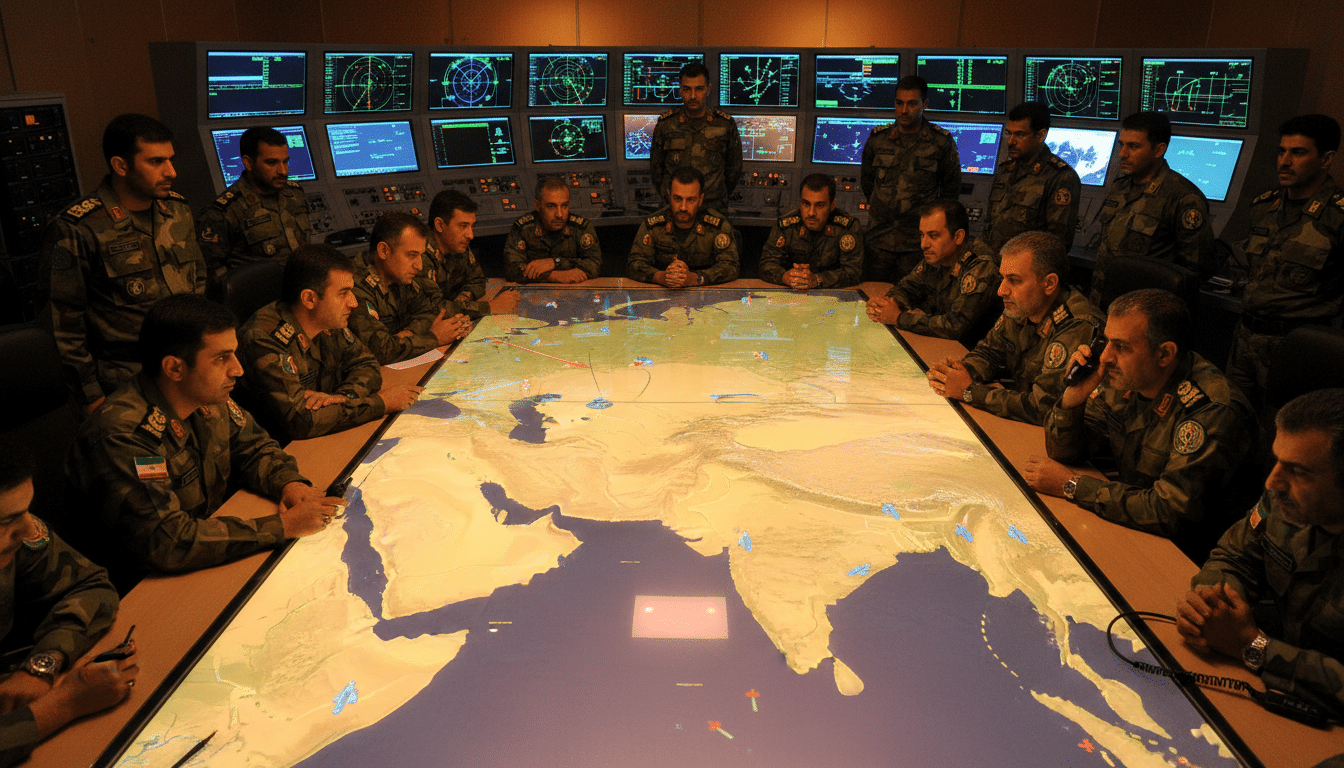Salle de commandement militaire iranien avec carte tactique du Golfe
