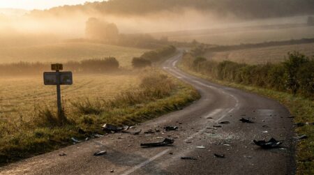 Débris de voiture éparpillés sur une route de campagne à l'aube
